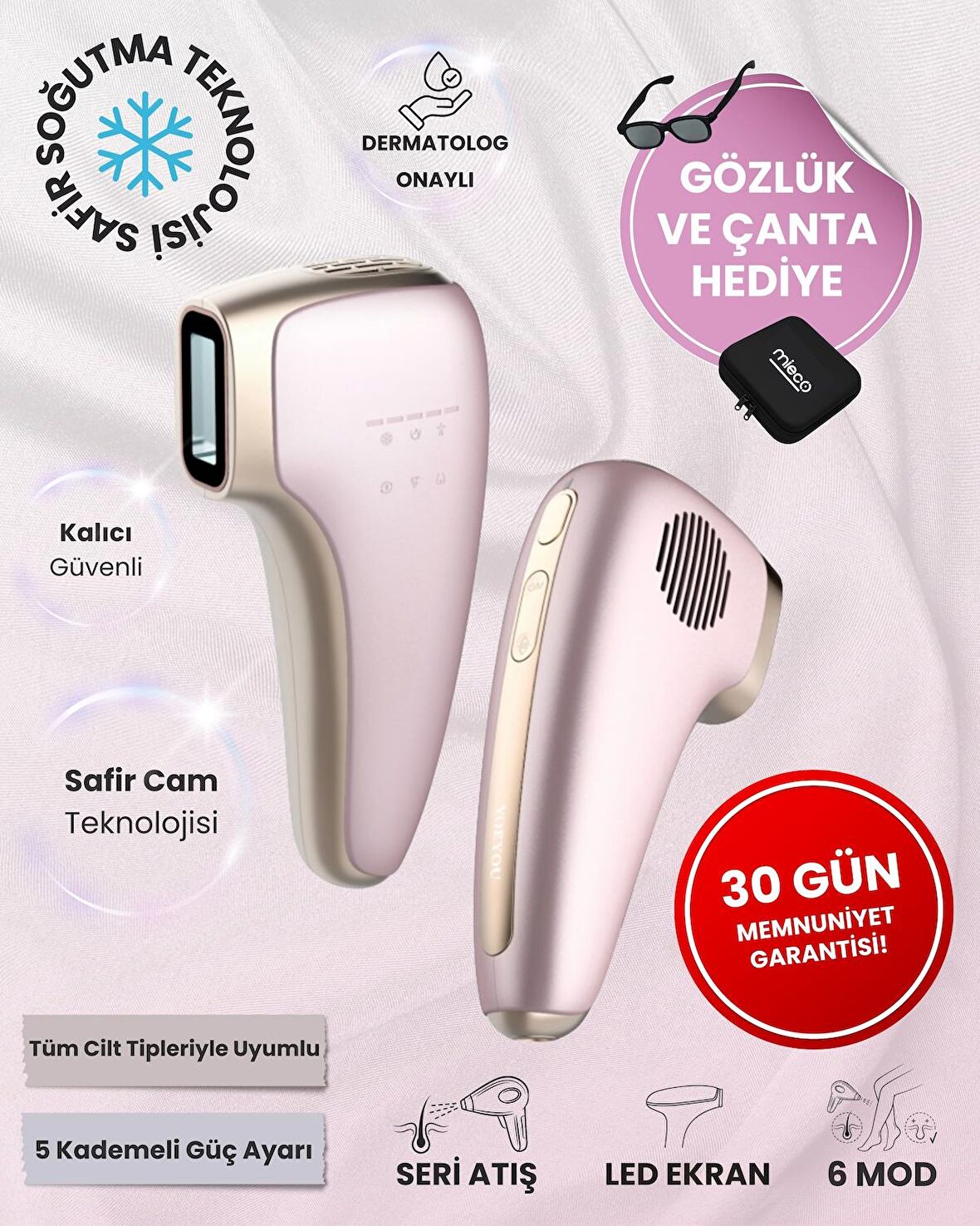 Mieco Safir Soğutma Özellikli ipl Lazer Epilasyon Aleti (Safir Cam)-Rosegold + Gözlük ve Çanta Hediyeli